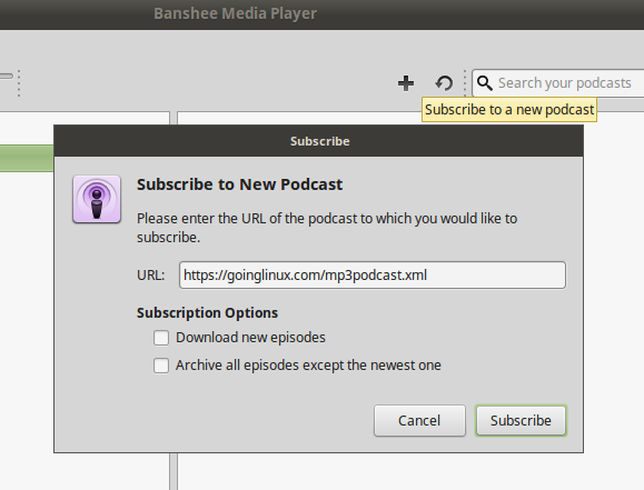 The Banshee subscribe to new podcast dialog