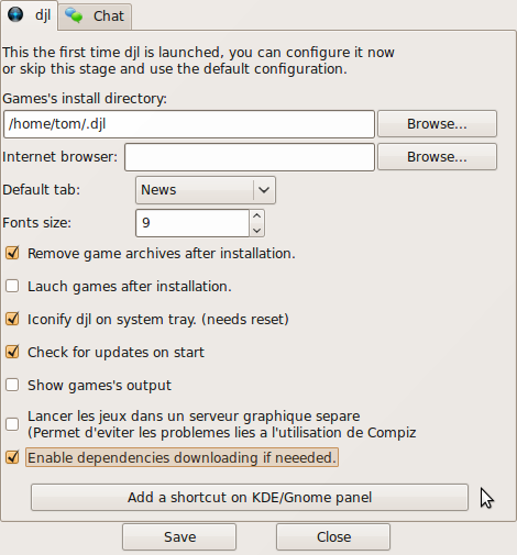DJL Configuration Screen