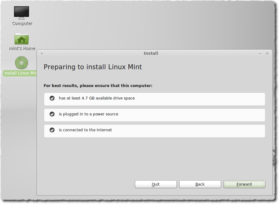 Preparing to install Linux Mint dialog box