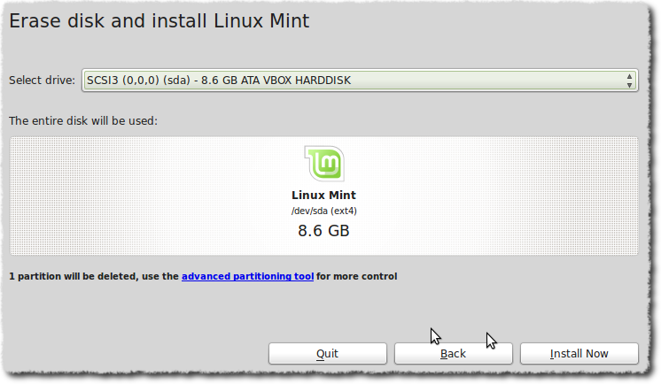 Erase disk and install Linux Mint dialog box