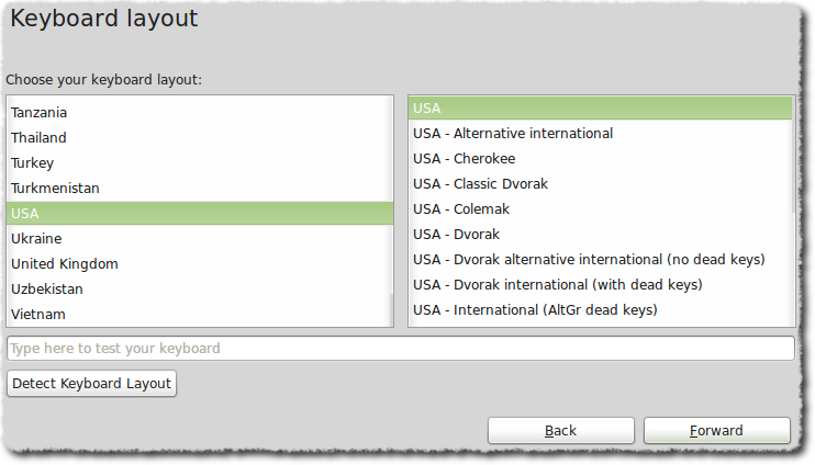 Keyboard layout dialog box