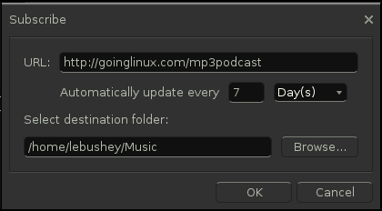 The Banshee new subscription dialog box