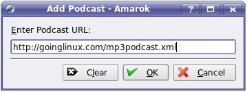 The Amarok add podcast dialog box