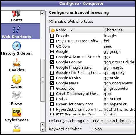 Setup Konqueror Web Shortcuts
