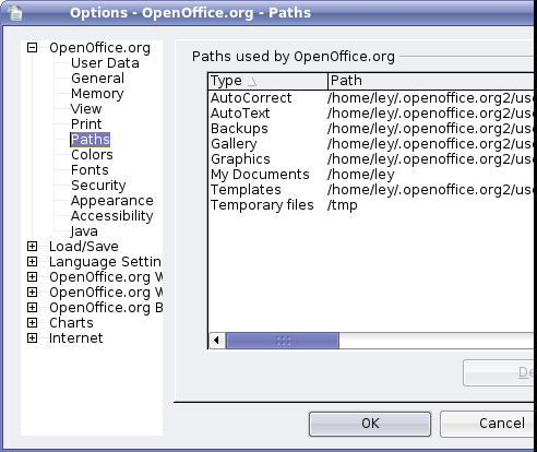 OpenOffice - Tools, Options, Paths