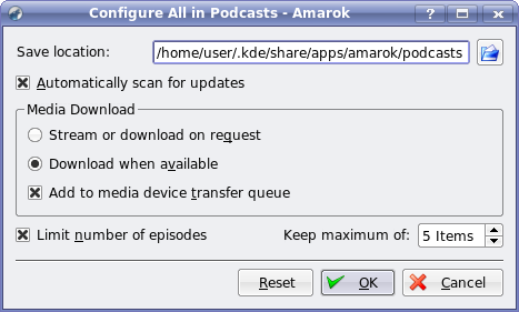 AmaroK - Playlists, Podcasts, right-click